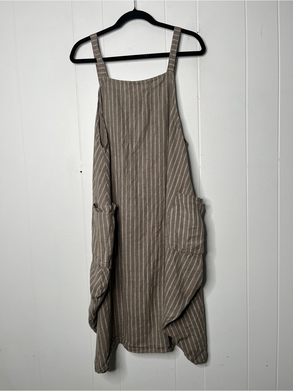 100% Lin Blanc Striped Taupe Linen-Blend Pinafore Dress Balloon Oversized 44 (M)